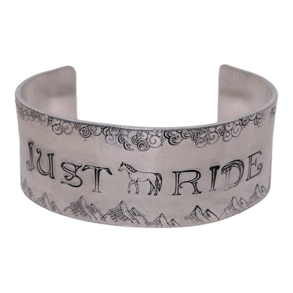 Handmade stamped unisex Just Ride horse mountain silver‎ hypoallergenic bracelet